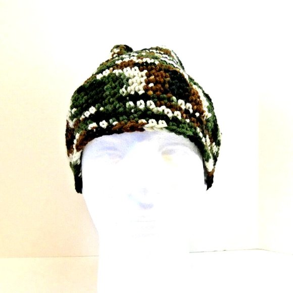 Forest Camo Baggie Beanie Camouflage Hat Handmade Crochet Knit Roll USA Hunt OS - Picture 3 of 7